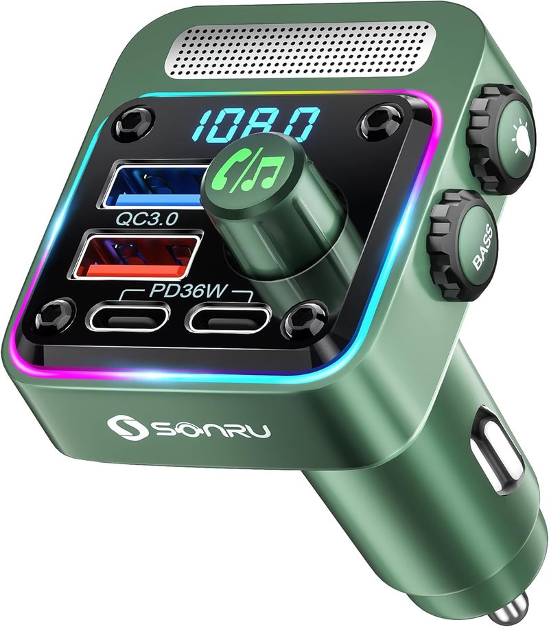 SONRU Bluetooth 5.3 FM Transmitter Car Adapter - Car Charger 54W [PD 36W & QC3.0 18W], Wireless FM Radio Transmitter [HiFi Treble & Bass Player], 5 Colors LED Backlit, Hands-Free Calling, U-Disk - Image 1